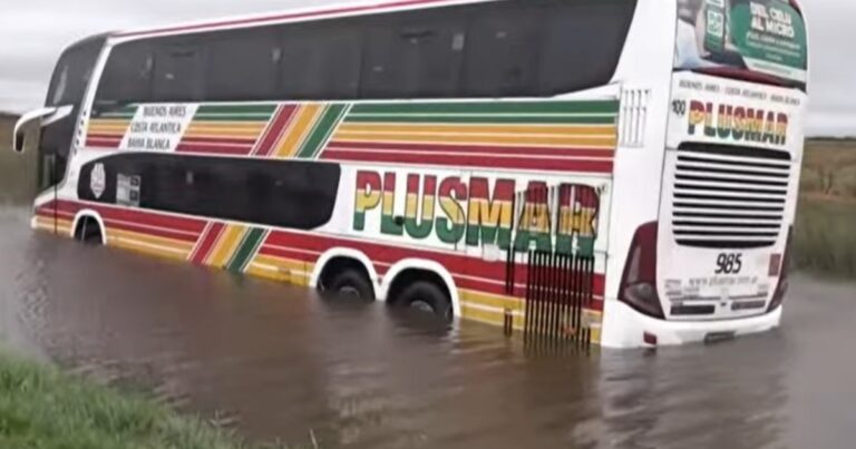 Un micro se fue a la banquina por la tormenta de Santa Rosa y quedó varado en una zanja inundada: «Una ráfaga nos sacó de la ruta 5»